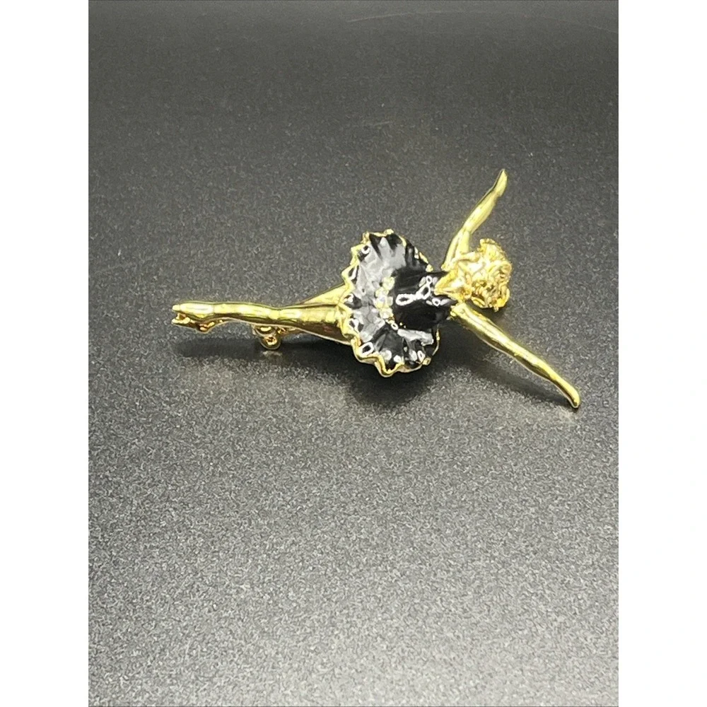 Ballerina Pin Brooch Gold-Tone &‎ Black w/ Rhinestone 2
